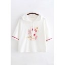 Trendy Ladies Three-Quarter Sleeves Drawstring Goldfish Embroidered Striped Relaxed Hoodie