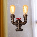 2 Heads Metal Sconce Lighting Vintage Brass Piping Hallway Wall Mounted Lamp with Valve Deco