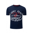Cool Boys Short Sleeve Crew Neck Letter YACHT CLUB Ship Printed Relaxed Graphic Tee in Royal Blue