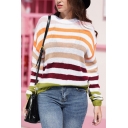 Popular Fancy Women's Long Sleeve Crew Neck Striped Waffle-Knit Loose Fit Pullover Sweater
