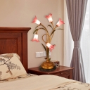 Brass 5 Heads Night Light Pastoral Style Purple Glass Lily LED Table Lamp for Bedroom