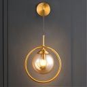 Brass Ring Wall Lighting Minimalist 1 Bulb Metal Sconce with Sphere Amber Glass Shade for Bedside