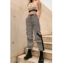 Casual Girls Drawstring Waist Flap Pockets Buckle Straps Cuffed Carrot Cargo Trousers in Gray