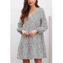 Casual Womens Blouson Sleeve V-Neck All Over Floral Printed Ruffled Trim Short Swing Dress