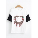 Girls Kawaii Short Sleeve Round Neck Bear Strawberry Patterned Relaxed Fit T Shirt