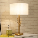 Fabric Cylinder Desk Light Modern 1 Bulb Reading Book Light in White with Gold Metal Elk