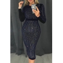 Gorgeous Ladies' Black Long Sleeve Round Neck Gather Waist Sequined Long Tight Dress for Club