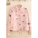 Cute Fancy Long Sleeve Lapel Neck Button Down All Over Cartoon Printed Drawstring Hem Relaxed Shirt in Pink
