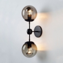 2 Lights Orb Wall Light Modern Simple Amber Glass Decorative Wall Sconce in Satin Black for Hallway