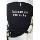 Black Chic Roll-Up Sleeve Crew Neck Letter LOOK WHAT YOU MADE ME DO Printed Relaxed Fit T-Shirt for Girls