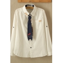 New Trendy Girls Long Sleeve Lapel Collar Cat Button Detail Relaxed White Shirt with Tie