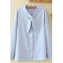 Basic Work Ladies Long Sleeve Bow Tie Neck Button Down Solid Color Loose Fit Formal Shirt