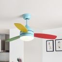 Pink/Blue LED Semi Flushmount Kids Metal Dome Ceiling Fan Light with 3 Wooden Blades, 41