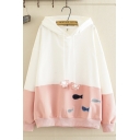 Pretty Women's Long Sleeve Paw Drawstring Fish Embroidery Colorblocked Oversize Hoodie