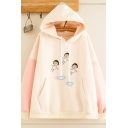 Fashionable Girls' Long Sleeve Drawstring Cartoon Embroidered Colorblocked Pouch Pocket Loose Hoodie