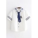 Preppy Looks Short Sleeve Lapel Collar Striped Boat Embroidery Button Down Relaxed Shirt with Tie