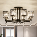 Traditional Black Semi Flush Ceiling Light Drum Shade 3/6/8 Heads Metal Crystal Ceiling Lamp for Bedroom