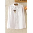 Simple Ladies White Long Sleeve Lapel Collar Button Down Cat Embroidery Pocket Panel Relaxed Fit Shirt