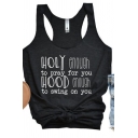 Trendy Street Sleeveless Round Neck Letter HOLY ENOUGH HOOD ENOUGH Slim Fitted Tank Top in Black