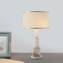 Fabric Cylinder Desk Light Modern 2 Heads Night Table Lamp in White with Pull Chain