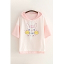 Cute Girls Short Sleeve Drawstring Japanese Letter Rabbit Graphic Colorblock Relaxed Fit Hoodie
