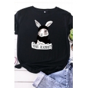 Popular Girls Roll-Up Sleeve Round Neck Rabbit Letter THE RABBIT Slim Fit T Shirt