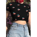 Summer Fashion All Over Cherry Printed Crew Neck Short Sleeve Black Cropped T-Shirt