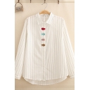 Fashion Women's Long Sleeve Lapel Neck Button Down Stripe Print Fish Embroidery Loose Fit Shirt