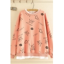 Trendy Women's Long Sleeve Crew Neck All Over Cartoon Heart Crown Printed Contrasted Loose Pullover Sweatshirt