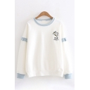 Fashionable Womens Long Sleeve Round Neck Chinese Letter Duck Embroidery Ruffled Trim Contrasted Loose Pullover Sweatshirt