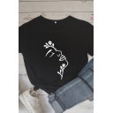 Basic Summer Roll-Up Sleeves Crew Neck Cartoon Girl Printed Loose Fit T Shirt