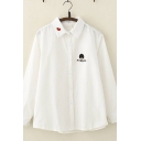 Classic Lovely Ladies Long Sleeve Lapel Collar Cartoon Heart Embroidered Button Down Loose Shirt in White