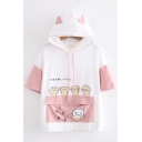 Trendy Girls Short Sleeve Hooded Drawstring Japanese Letter Cat Fish Graphic Flap Pocket Color Block Relaxed Cat Ear Hoodie