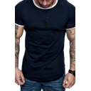 Leisure Simple Mens Short Sleeve Round Neck Contrast Piped Curved Hem Fitted Tee Top