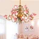 American Garden Lily Ceiling Chandelier 20 Lights Metal LED Pendant Lighting Fixture in Gold