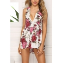 Gorgeous Hot Women's Sleeveless Deep V-Neck All Over Floral Printed Tied Back Pleated Relaxed Jumpsuit Shorts