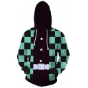 Classic Checked Geometric 3D Pattern Long Sleeve Zip Up Colorblocked Hoodie