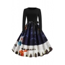 Lovely Girls Long Sleeve Round Neck Bow Tie Waist Snowman Santa Claus Pattern Maxi Pleated Flared Christmas Dress