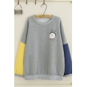 Korean Style Girls' Long Sleeve Crew Neck Cartoon Girl Embroidery Color Block Loose Pullover Sweatshirt