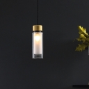 1 Head Coffee House Pendant Modern Brass Hanging Light Kit with Cylinder Clear and Inner White Glass Shade