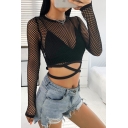 Hot Ladies Long Sleeve Round Neck Tied Back Hollow Out Sheer Fishnet Slim Fit Crop T Shirt in Black