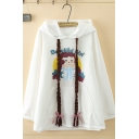 Kawaii Girls White Long Sleeve Letter BEAUTIFUL GIRL Cartoon Graphic Pigtail Drawstrig Long Relaxed Hoodie with Pocket