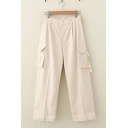 Simple Womens Solid Color Partially Elasticized Waist Flap Pockets Long Wide-Leg Cargo Pants