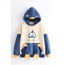 Cute Creative Long Sleeve Drawstring Japanese Letter Chicken Printed Colorblocked Pouch Pocket Hoodie for Girls