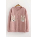 Lovely Girls Long Sleeve Button Down Rabbit Embroidery Knitted Cardigan