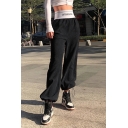 Popular Street Elastic Waist Drawstring Cuff Letter CUTE&PSYCHO Color Block Tapered Fit Trousers for Girls