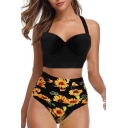 Sexy Swimming Girls Sleeveless Floral Patterned Fitted Crop Two Piece Bikini Set