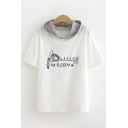 Leisure Fashion Short Sleeve Hooded Letter I'M SLEEPY Cat Graphic Contrasted Relaxed Fit White T Shirt for Girls