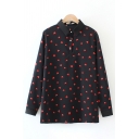 Casual Female Long Sleeve Lapel Collar Button Front All-Over Cartoon Print Loose Fit Shirt