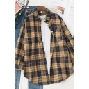 Classic Preppy Girls Roll-Up Sleeves Lapel Collar Button Down Checkered Pattern Curved Hem Loose Shirt